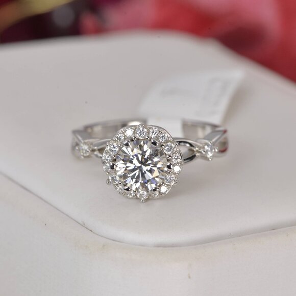 1.8 tcw Halo Brilliant Round Cut Certified Moissanite Engagement Ring - Picture 1 of 6